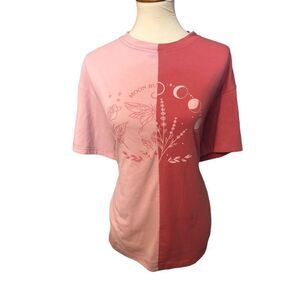 Romwe color block pink butterfly moon botanical nature graphic tee